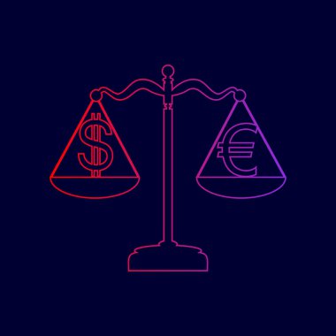 Adalet Döviz Alım Satım işaretiyle ölçekler. Vektör. Menekşe renk koyu mavi zemin üzerine kırmızı üzerinden gradyan ile satırı simgesi.