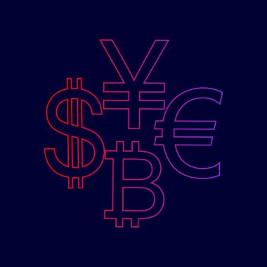 Para birimi koleksiyon Doları, euro, bitcoin, yen oturum açın. Vektör. Menekşe renk koyu mavi zemin üzerine kırmızı üzerinden gradyan ile satırı simgesi.