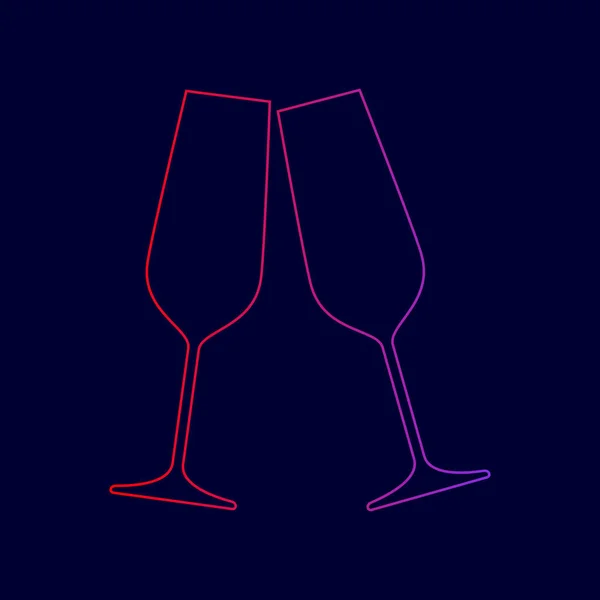 Verres à champagne pétillants. Vecteur. Icône de ligne avec dégradé de rouge à violet sur fond bleu foncé . — Image vectorielle