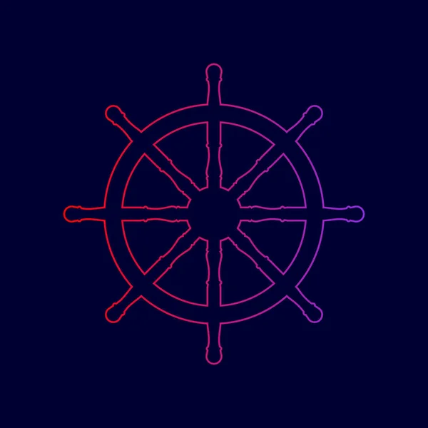 Segno della ruota della nave. Vettore. Icona linea con sfumatura dal rosso al viola su sfondo blu scuro . — Vettoriale Stock