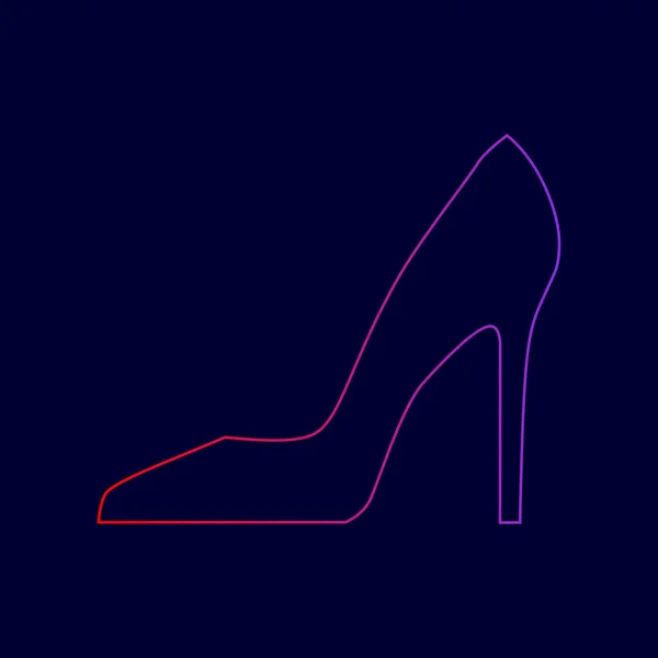 Um sapato de mulher. Vector. Ícone de linha com gradiente de cores vermelhas a violetas no fundo azul escuro . — Vetor de Stock