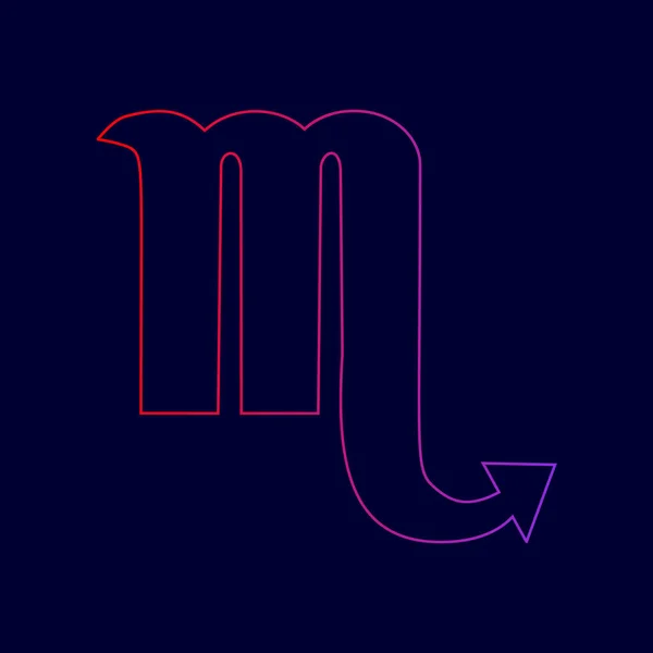 Illustration de signe Scorpion. Vecteur. Icône de ligne avec dégradé de rouge à violet sur fond bleu foncé . — Image vectorielle