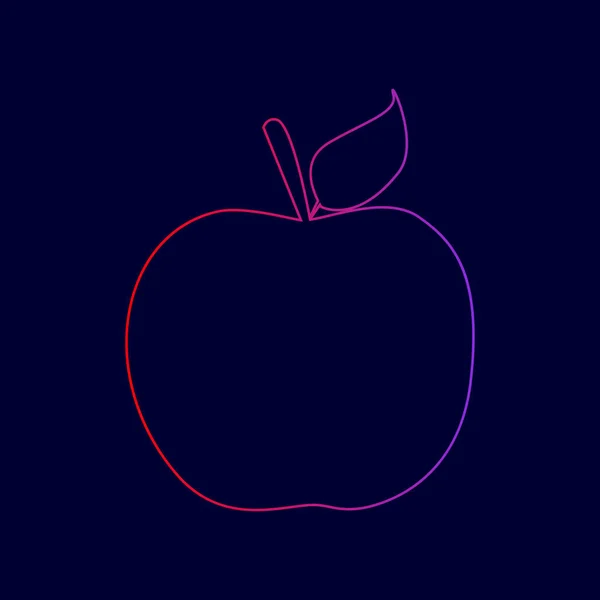 Ilustración del signo de Apple. Vector. Icono de línea con degradado de rojo a violeta sobre fondo azul oscuro . — Vector de stock