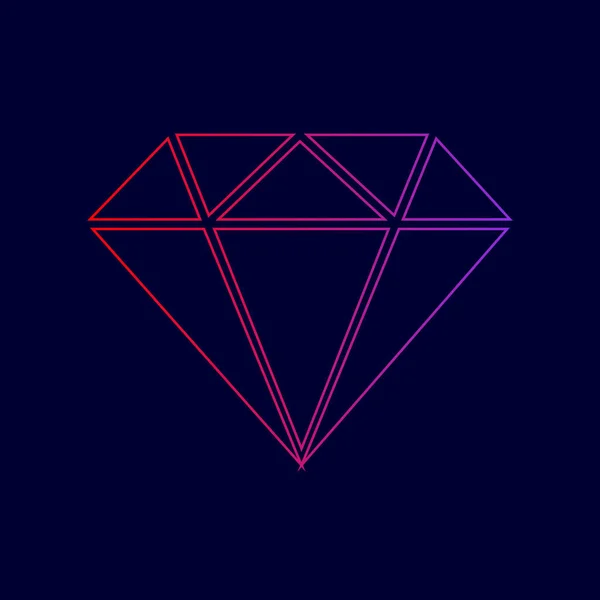 Diamant-Zeichen-Illustration. Vektor. Liniensymbol mit Farbverlauf von rot nach violett auf dunkelblauem Hintergrund. — Stockvektor