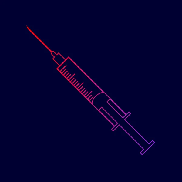 Ilustracja znak strzykawki. Wektor. Ikona linii z gradientem od czerwonego do fioletu na ciemnym niebieskim tle. — Wektor stockowy