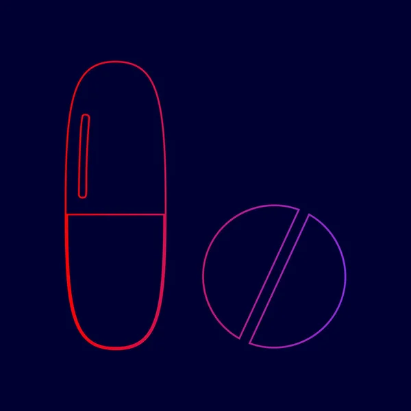 Pílulas médicas assinadas. Vector. Ícone de linha com gradiente de cores vermelhas a violetas no fundo azul escuro . —  Vetores de Stock