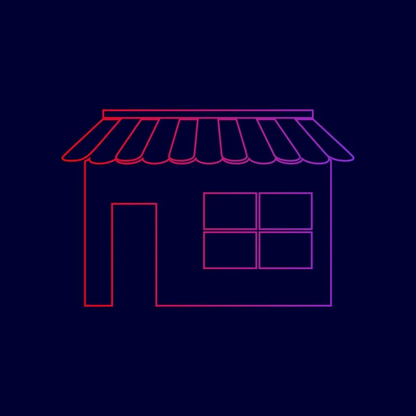Ilustração do sinal da loja. Vector. Ícone de linha com gradiente de cores vermelhas a violetas no fundo azul escuro . — Vetor de Stock