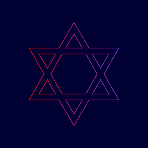 Escudo Magen David Star. Símbolo de Israel. Vector. Ícone de linha com gradiente de cores vermelhas a violetas no fundo azul escuro . — Vetor de Stock