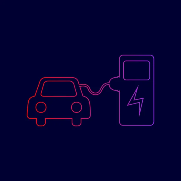 Elektrische auto opladen van de batterij teken. Vector. Lijn pictogram met gradiënt van rood naar violet kleuren op donkere blauwe achtergrond. — Stockvector