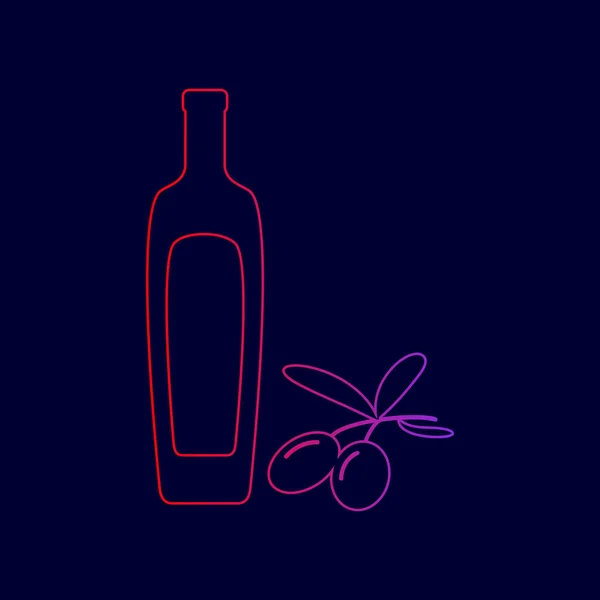 Schwarzer Olivenzweig mit Olivenölflaschenschild. Vektor. Liniensymbol mit Farbverlauf von rot nach violett auf dunkelblauem Hintergrund. — Stockvektor