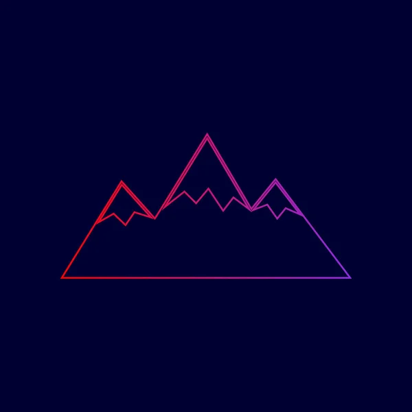 Signo de montaña ilustración. Vector. Icono de línea con degradado de rojo a violeta sobre fondo azul oscuro . — Vector de stock