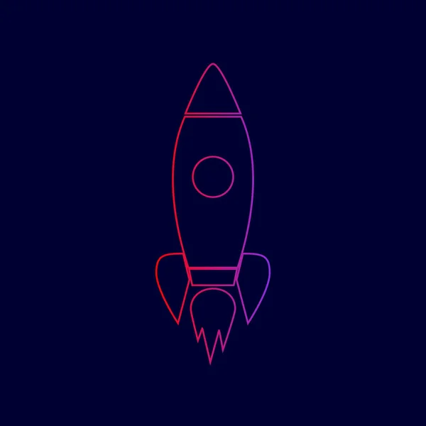 Rocket sign illustration. Vector. Line icon with gradient from red to violet colors on dark blue background. — Stock Vector