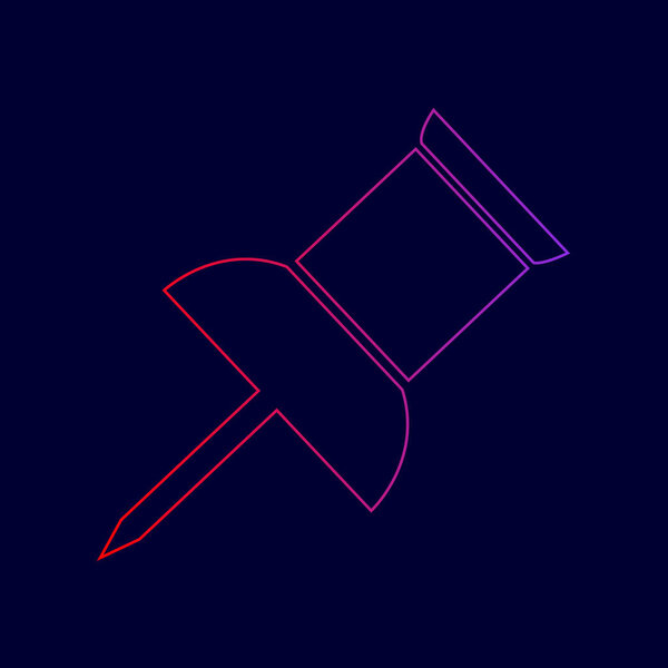 Pin push sign. Vector. Line icon with gradient from red to violet colors on dark blue background.