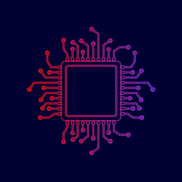 Mikroprocesor CPU ilustrace. Vektor. Ikona čáry s přechodem od červené až fialové barvy na tmavě modrém pozadí. — Stockový vektor