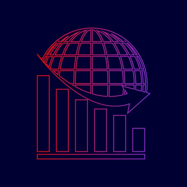 Gráfico decreciente con la tierra. Vector. Icono de línea con degradado de rojo a violeta sobre fondo azul oscuro . — Vector de stock