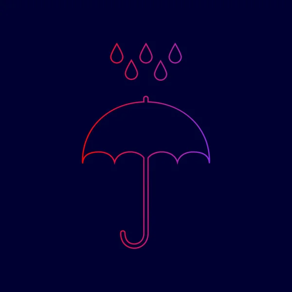 Parapluie avec gouttes d'eau. Symbole de protection pluie. Style design plat. Vecteur. Icône de ligne avec dégradé de rouge à violet sur fond bleu foncé . — Image vectorielle
