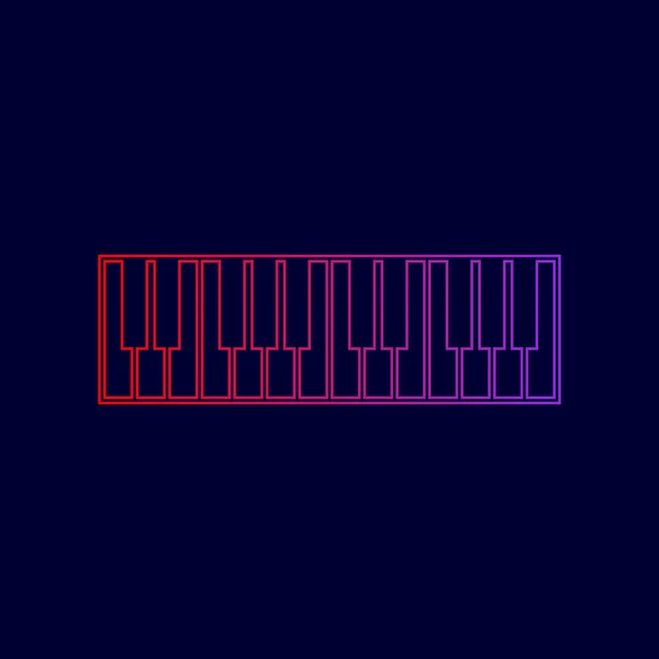 Sinal de teclado para piano. Vector. Ícone de linha com gradiente de cores vermelhas a violetas no fundo azul escuro . — Vetor de Stock
