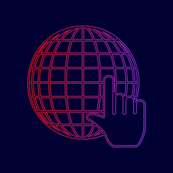 Globe terrestre avec curseur. Vecteur. Icône de ligne avec dégradé de rouge à violet sur fond bleu foncé . — Image vectorielle