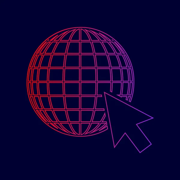 Globo de Tierra con cursor. Vector. Icono de línea con degradado de rojo a violeta sobre fondo azul oscuro . — Vector de stock