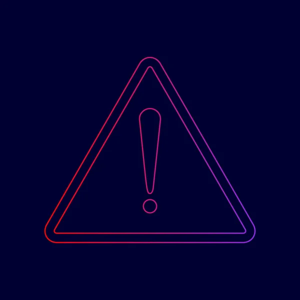 Exclamación señal de peligro. Estilo plano. Vector. Icono de línea con degradado de rojo a violeta sobre fondo azul oscuro . — Vector de stock