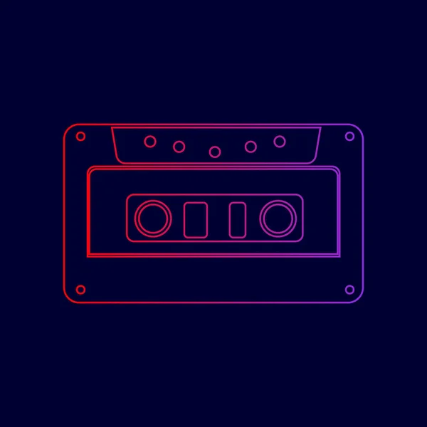 Icono de cassette, señal de cinta de audio. Vector. Icono de línea con degradado de rojo a violeta sobre fondo azul oscuro . — Vector de stock