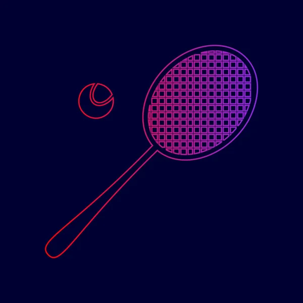 Panneau de raquette de tennis. Vecteur. Icône de ligne avec dégradé de rouge à violet sur fond bleu foncé . — Image vectorielle