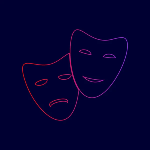 Icône de théâtre avec des masques heureux et tristes. Vecteur. Icône de ligne avec dégradé de rouge à violet sur fond bleu foncé . — Image vectorielle