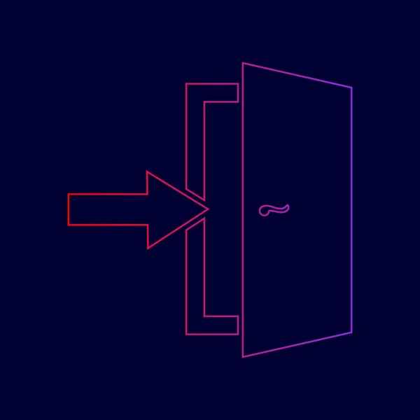 Знак виходу дверей. Вектор. Піктограма лінії з градієнтом від червоного до фіолетового кольорів на темно-синьому фоні . — стоковий вектор