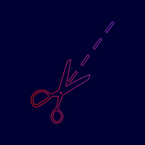 Tijeras firmar ilustración. Vector. Icono de línea con degradado de rojo a violeta sobre fondo azul oscuro . — Vector de stock