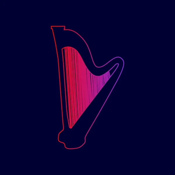 Instrument muzyczny harfa znak. Wektor. Ikona linii z gradientem od czerwonego do fioletu na ciemnym niebieskim tle. — Wektor stockowy