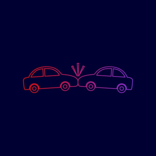 Señal de coches estrellados. Vector. Icono de línea con degradado de rojo a violeta sobre fondo azul oscuro . — Vector de stock