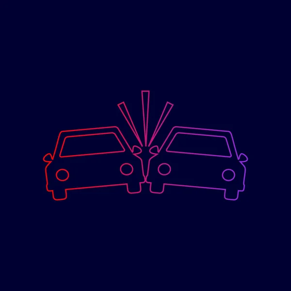 Señal de coches estrellados. Vector. Icono de línea con degradado de rojo a violeta sobre fondo azul oscuro . — Vector de stock