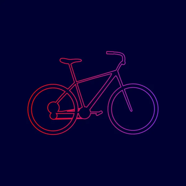 Bicicleta, sinal de bicicleta. Vector. Ícone de linha com gradiente de cores vermelhas a violetas no fundo azul escuro . —  Vetores de Stock