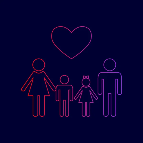 Symbole de famille avec cœur. Mari et femme sont gardés les mains des enfants. Vecteur. Icône de ligne avec dégradé de rouge à violet sur fond bleu foncé . — Image vectorielle