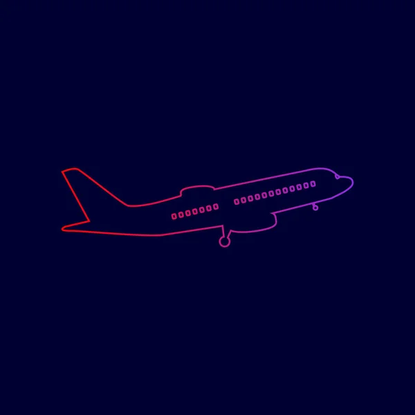 Signo de avión volador. Vista lateral. Vector. Icono de línea con degradado de rojo a violeta sobre fondo azul oscuro . — Vector de stock