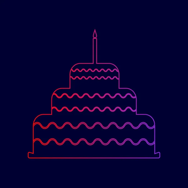 Торт со свечой. Вектор. Значок линии с градиентом от красного до фиолетового цветов на темно-синем фоне . — стоковый вектор