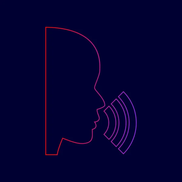 Des gens qui parlent ou chantent. Vecteur. Icône de ligne avec dégradé de rouge à violet sur fond bleu foncé . — Image vectorielle