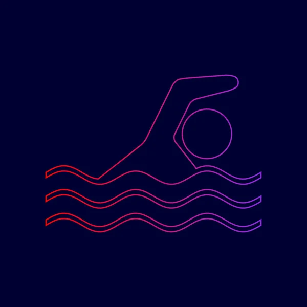 Sinal de natação esporte de água. Vector. Ícone de linha com gradiente de cores vermelhas a violetas no fundo azul escuro . —  Vetores de Stock