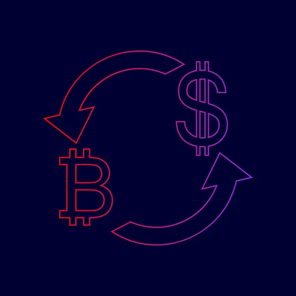 Signo de cambio de divisas. Bitcoin y dólar estadounidense. Vector. Icono de línea con degradado de rojo a violeta sobre fondo azul oscuro . — Vector de stock