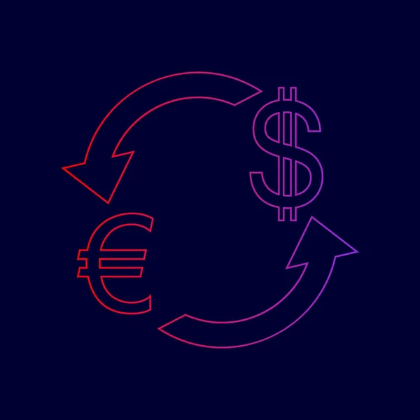 Signe de change. Euro et Dollar US. Vecteur. Icône de ligne avec dégradé de rouge à violet sur fond bleu foncé . — Image vectorielle