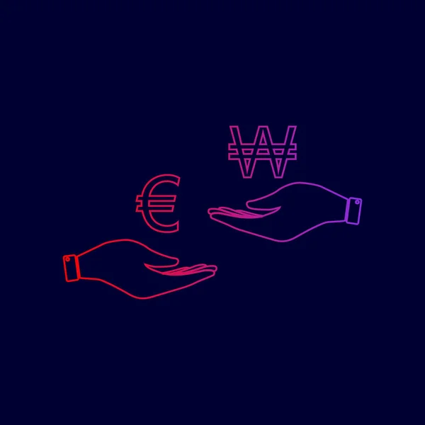Cambio de moneda de mano en mano. Euro y Won. Vector. Icono de línea con degradado de rojo a violeta sobre fondo azul oscuro . — Vector de stock