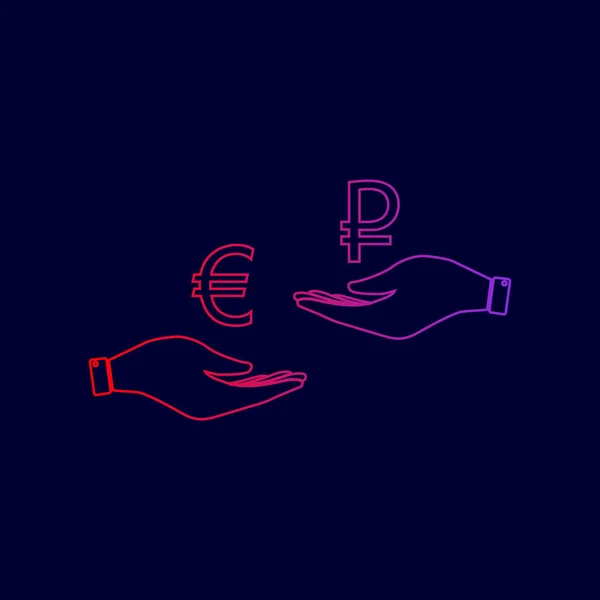 Currency exchange from hand to hand. Euro and Rouble. Vector. Line icon with gradient from red to violet colors on dark blue background. — Stock Vector