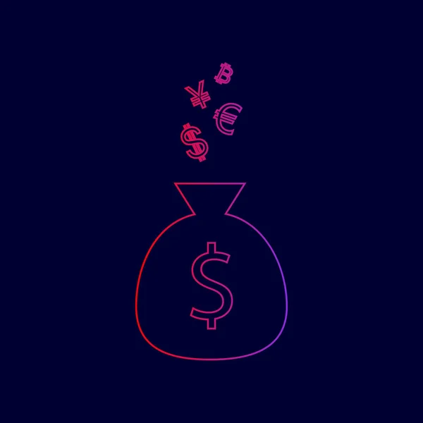 Saco de dinheiro sinal com símbolos de moeda. Vector. Ícone de linha com gradiente de cores vermelhas a violetas no fundo azul escuro . — Vetor de Stock