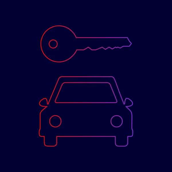 Señal simplista de la llave del coche. Vector. Icono de línea con degradado de rojo a violeta sobre fondo azul oscuro . — Vector de stock
