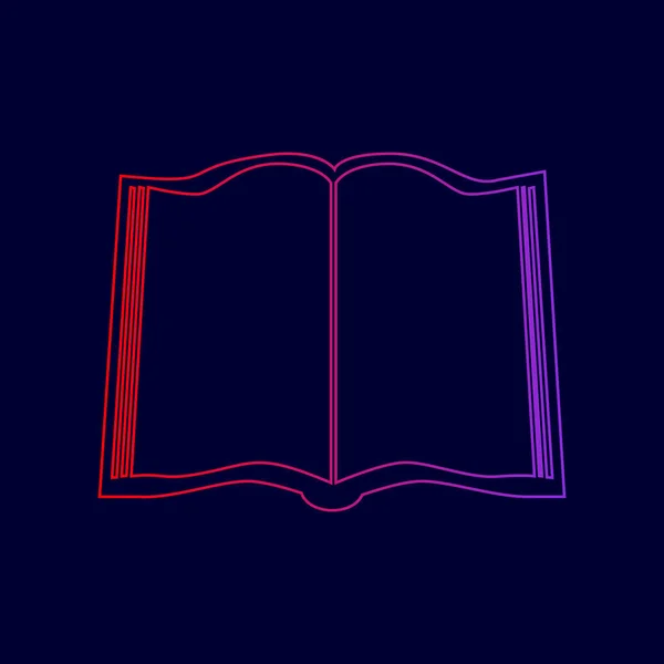 Signo del libro. Vector. Icono de línea con degradado de rojo a violeta sobre fondo azul oscuro . — Vector de stock