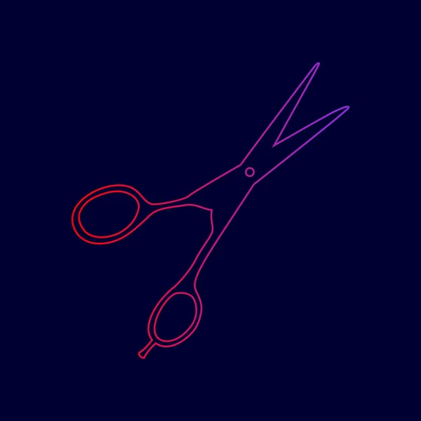 Haarschnitt-Schere Zeichen. Vektor. Liniensymbol mit Farbverlauf von rot nach violett auf dunkelblauem Hintergrund. — Stockvektor