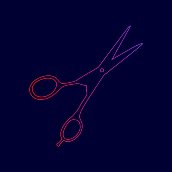 Señal de tijeras para cortar el pelo. Vector. Icono de línea con degradado de rojo a violeta sobre fondo azul oscuro . — Vector de stock