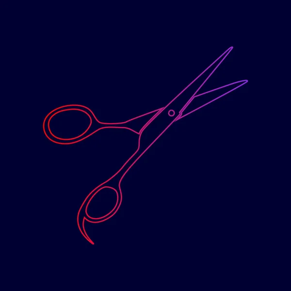 Sinal de tesoura para cortar cabelo. Vector. Ícone de linha com gradiente de cores vermelhas a violetas no fundo azul escuro . — Vetor de Stock