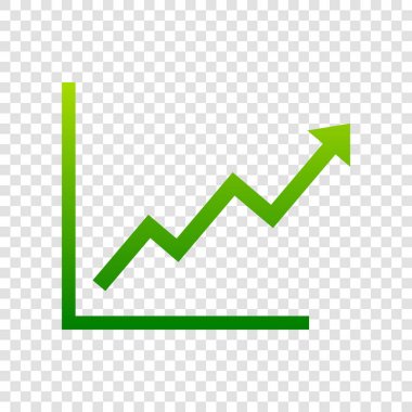 Çubuk grafik işareti büyüyen. Vektör. Saydam arka plan üzerinde yeşil degrade simgesi.