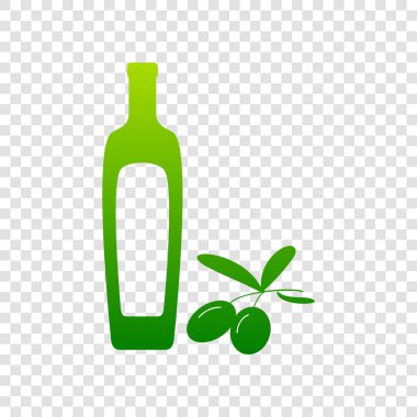 Siyah Zeytin dalı zeytinyağı şişesi işareti ile. Vektör. Saydam arka plan üzerinde yeşil degrade simgesi.